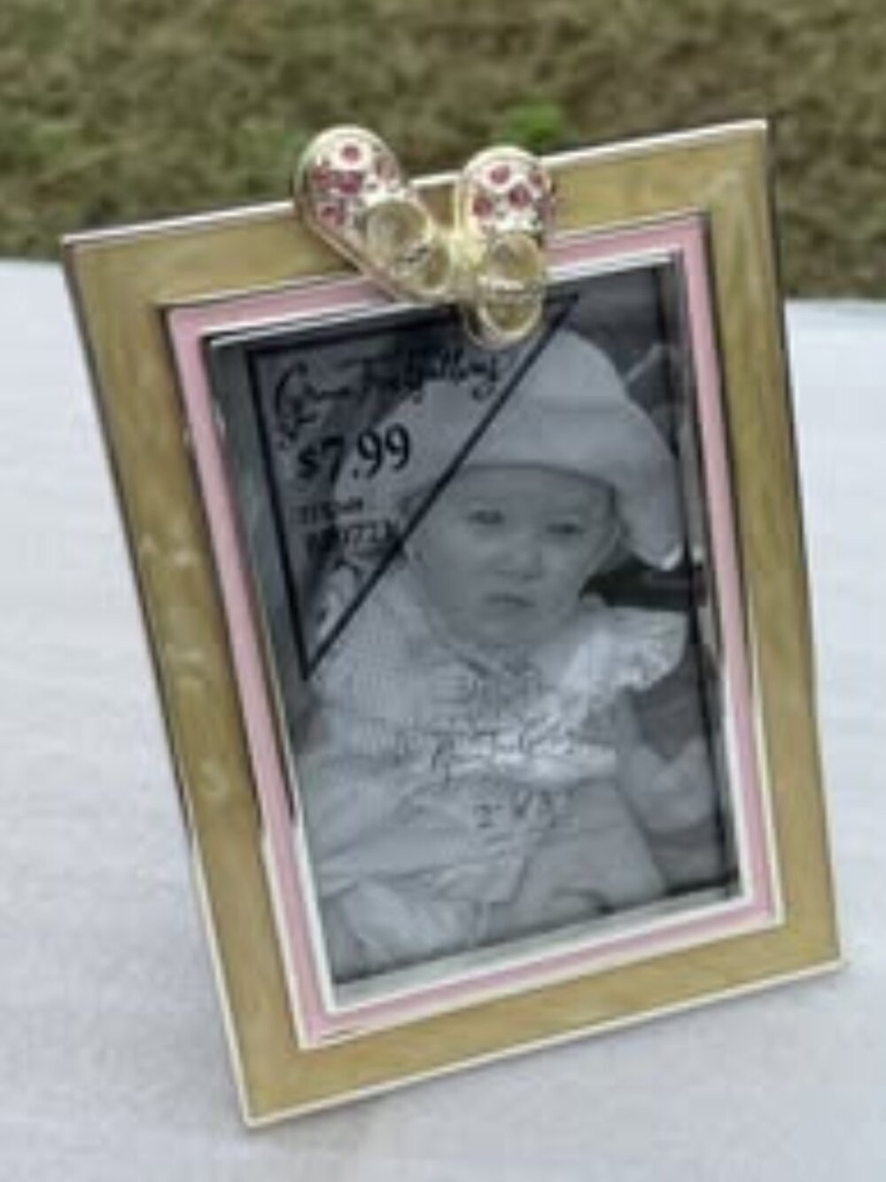Vintage Green Tree Gallery Baby’s Room Pink Rhinestone Baby Shoes Picture Frame
